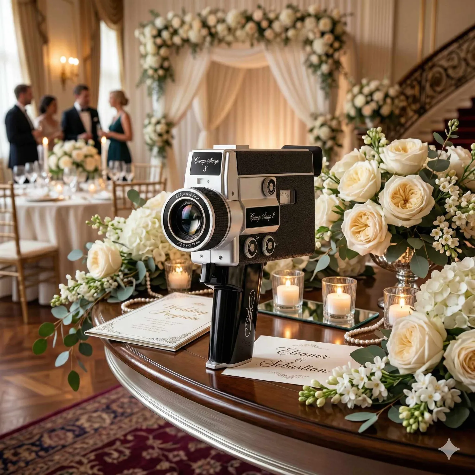Super 8mm film camera beside wedding florals, Ashley Film Studios Super 8 add-on