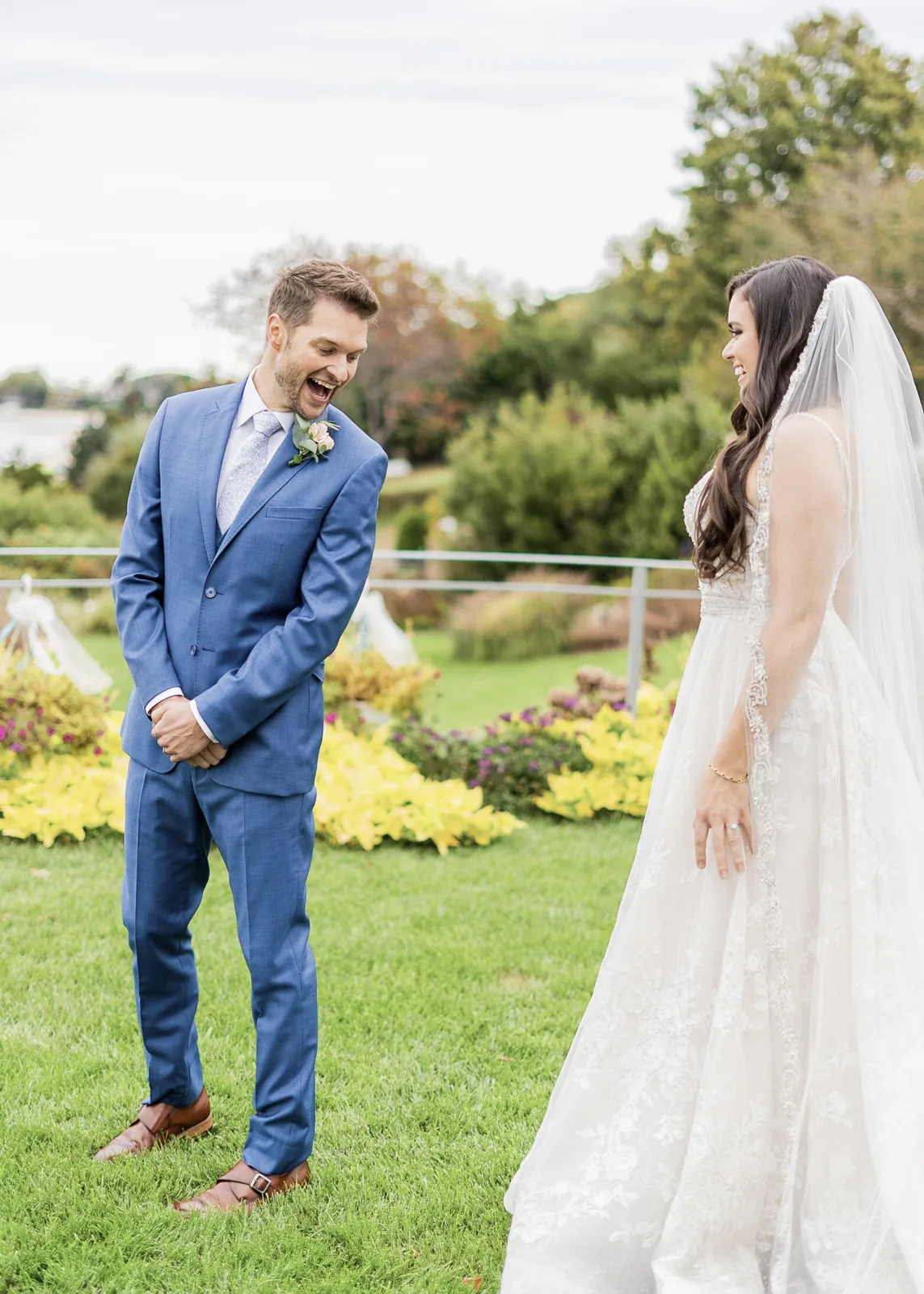 Groom reacts with joy at the first look, garden wedding on Long Island